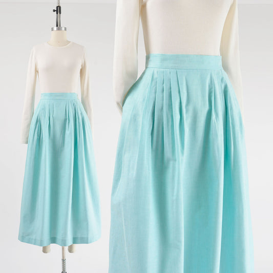 Vintage 1980s light aqua cotton full pleated maxi skirt with pockets. 