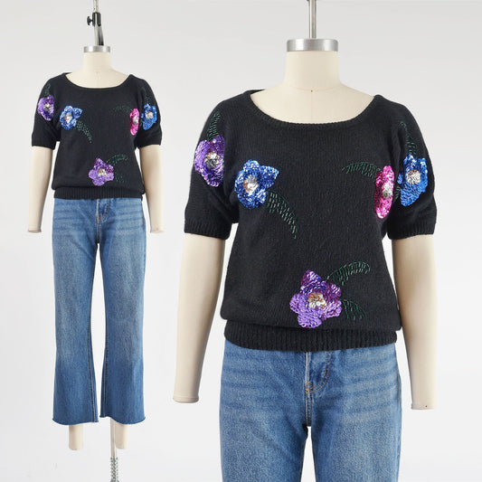 vintage 1980s black angora short sleeve floral beaded sweater. 