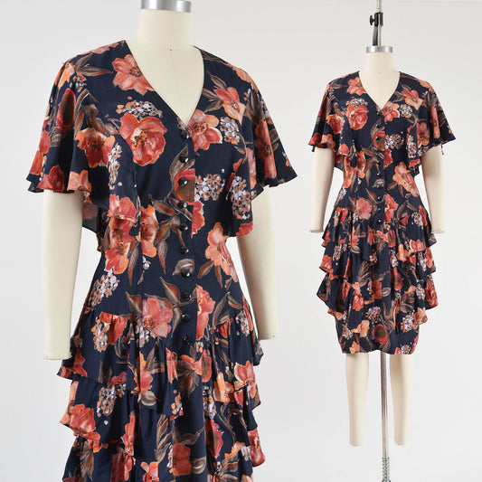 vintage 80s black floral ruffle tiered dress.