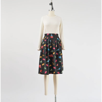 Vintage 80s Black Hat Novelty Print Full Flowy Pleated Midi Skirt Pockets size M L