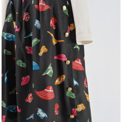 Vintage 80s Black Hat Novelty Print Full Flowy Pleated Midi Skirt Pockets size M L