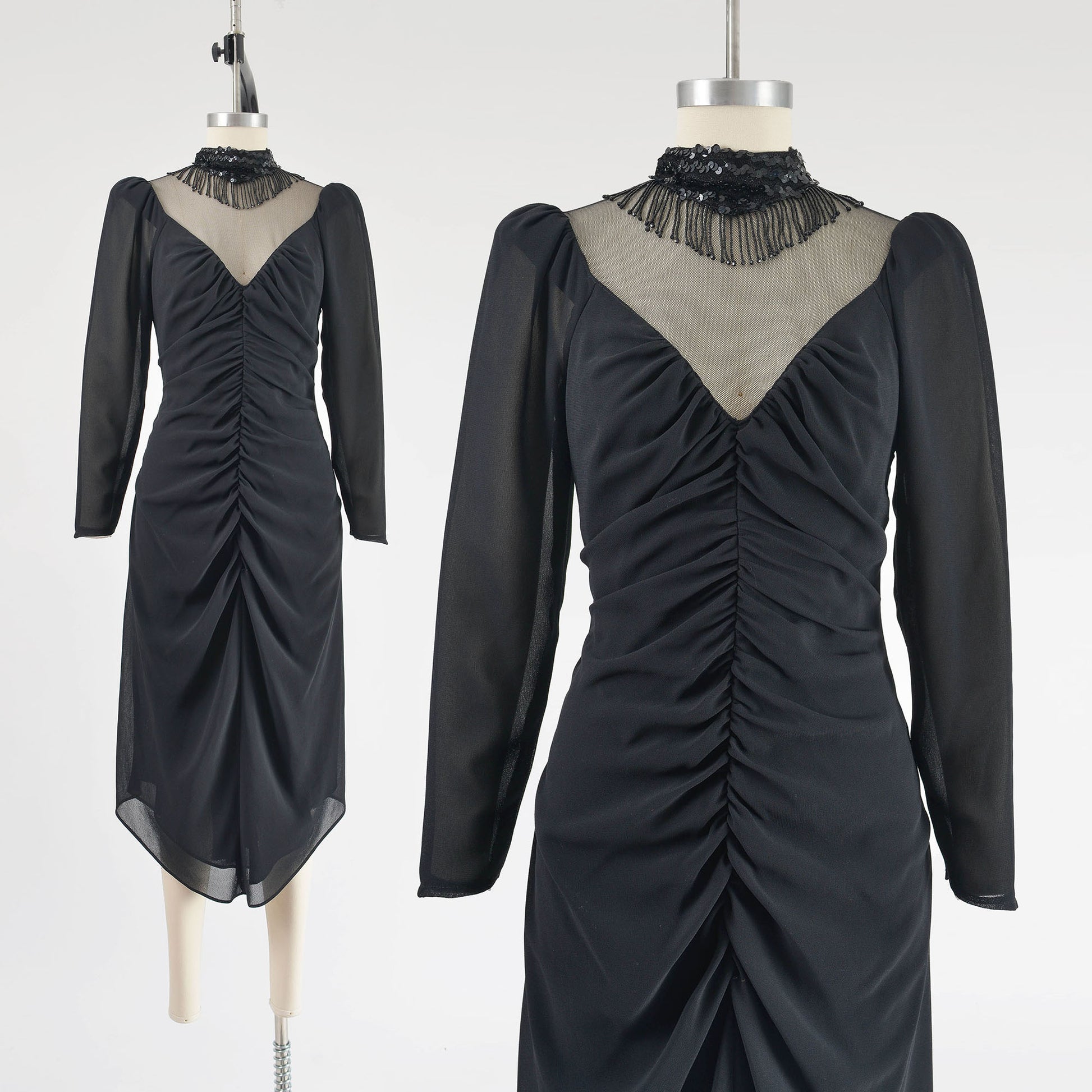 Vintage 80s black dress with beaded sheer neckline.