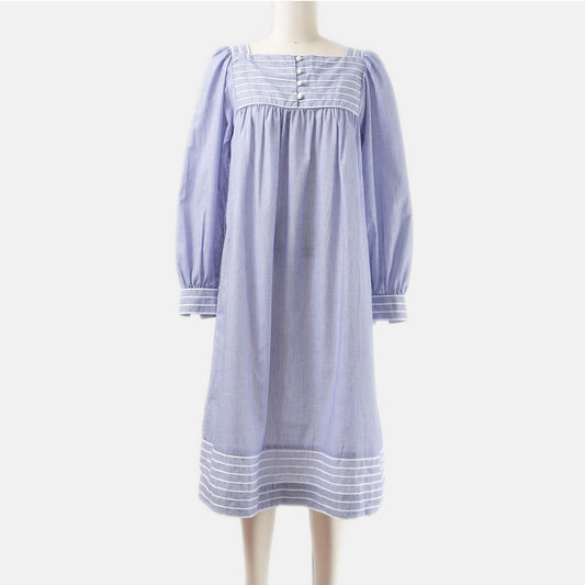 Vintage 80s blue and white striped cotton tent dress with puff sleeves. Front view. 