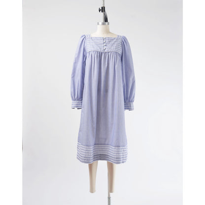 Full front view of Vintage 80s blue and white striped cotton tent dress with puff sleeves.