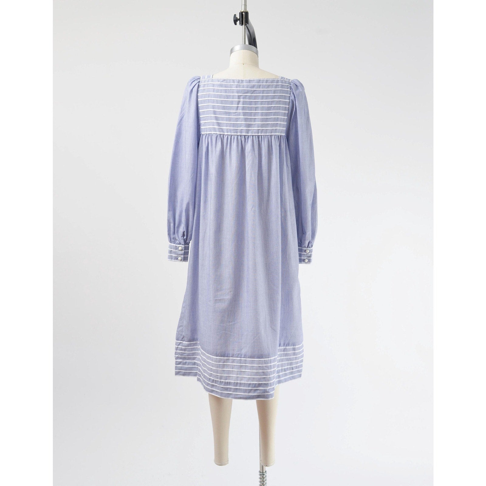 Full back view of 80s blue and white striped cotton tent dress with puff sleeves. Front view. 