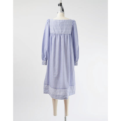 Full back view of 80s blue and white striped cotton tent dress with puff sleeves. Front view. 