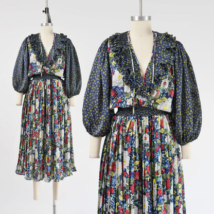 Vintage 80s Diane Freis style floral blouson pleated dress. 
