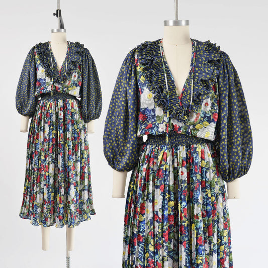Vintage 80s Diane Freis style floral blouson pleated dress. 