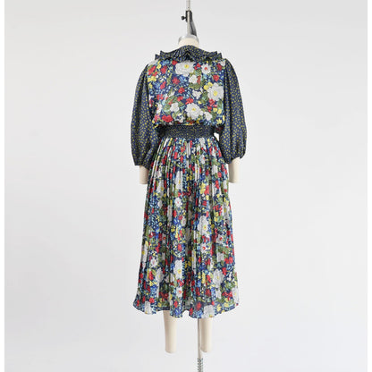 Vintage 80s Blue Floral Georgette Boho Ruffle Balloon Sleeve Full Pleated Midi Dress S M