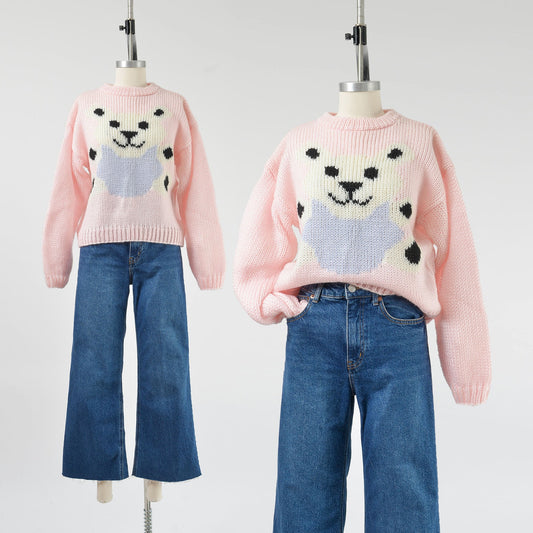 Vintage 1980s kawaii pink teddy bear sweater. Chunky acrylic knit. 