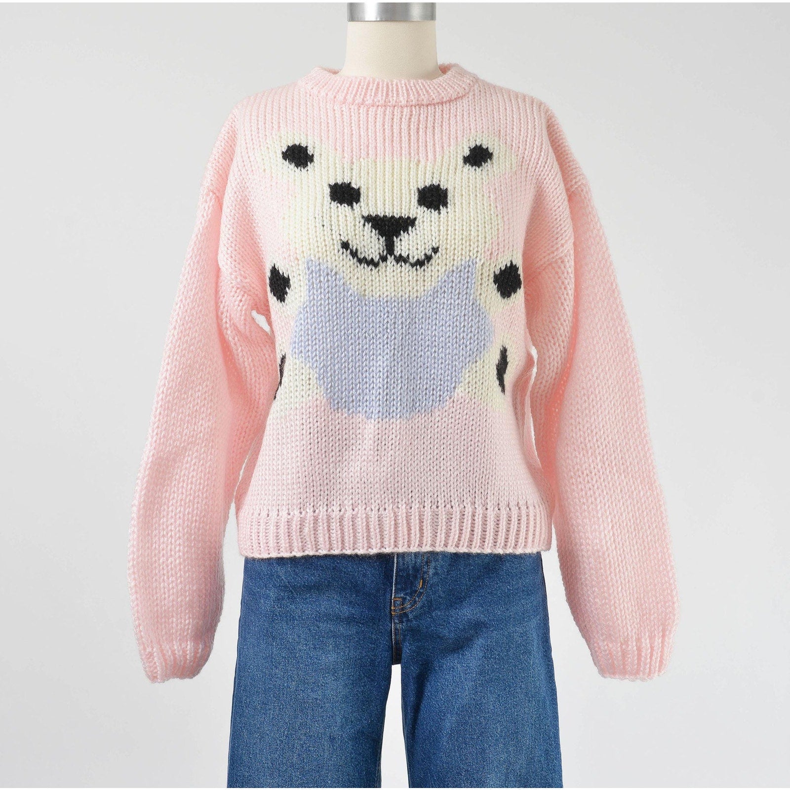 Vintage 1980s kawaii pink teddy bear sweater. Chunky acrylic knit. 