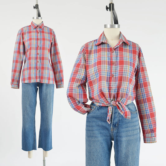 Vintage 1980s Red Metallic Plaid Western Button Down Shirt 