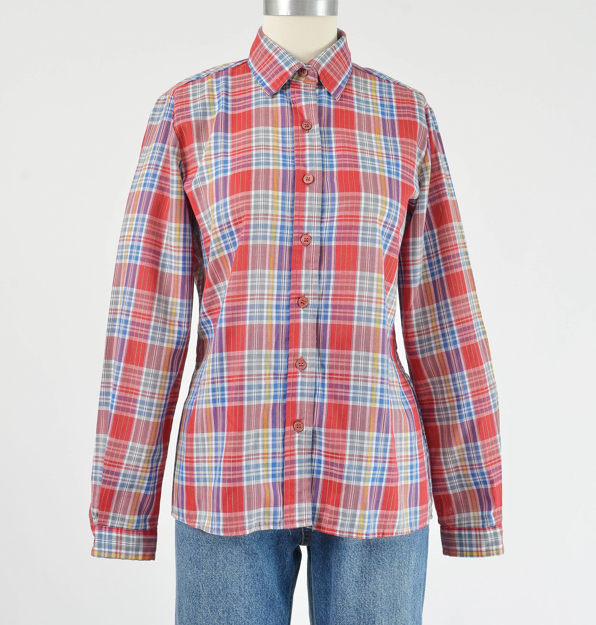 Vintage 1980s Red Metallic Plaid Western Button Down Shirt 