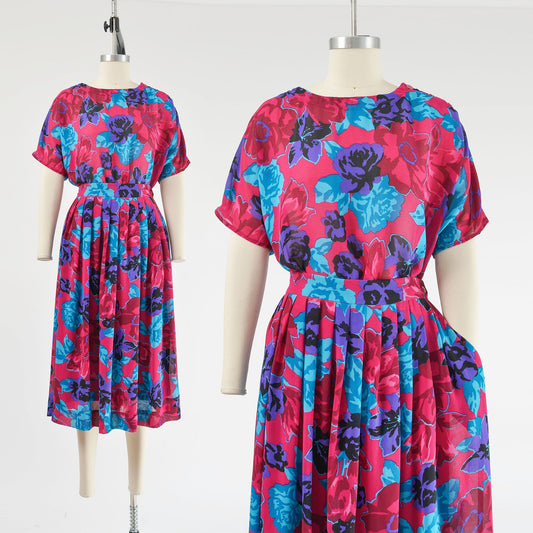 Vintage 80s Boho Floral Skirt and Top Set Full Midi Skirt with Pockets 2pc 