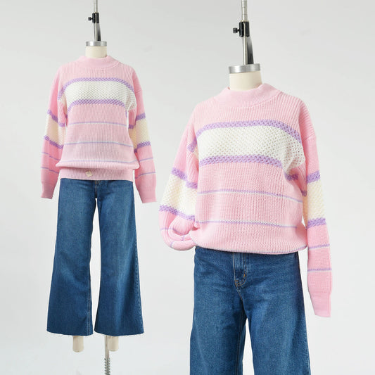Vintage 1980s pastel pink striped sweater. Mock neck with slouchy fit. Purple and white stripes. 