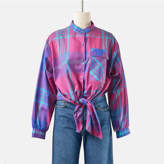 Front view of a 80s vintage blue and purple plaid cotton blend maternity shirt. 