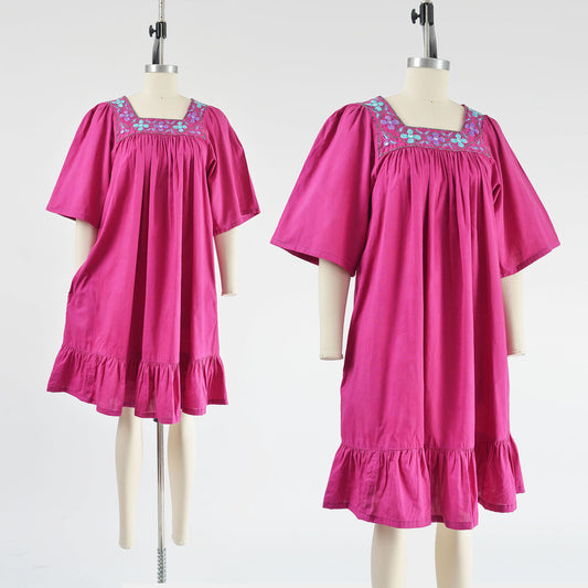 Vintage 1980s purple cotton embroidered tent dress. 