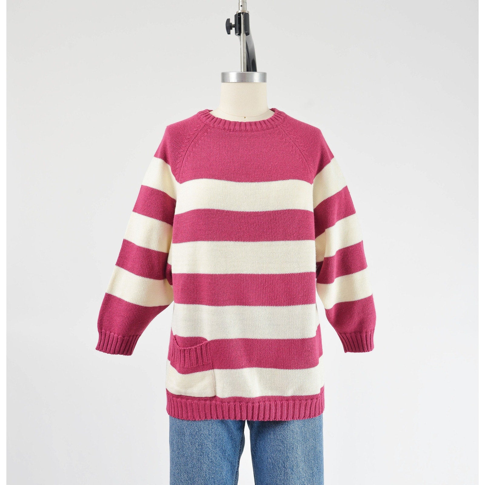 Vintage 80s purple and white striped raglan sweater with pocket.