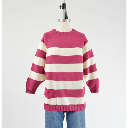 Vintage 80s purple and white striped raglan sweater with pocket.