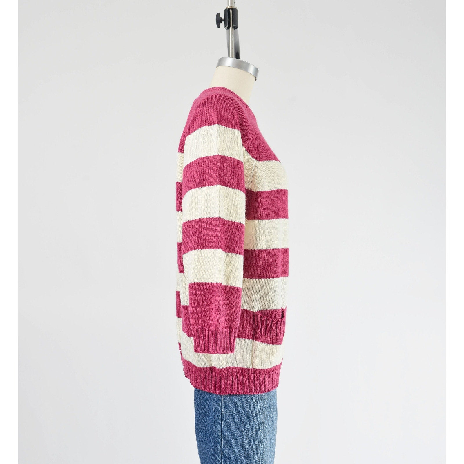 Vintage 80s purple and white striped raglan sweater with pocket.