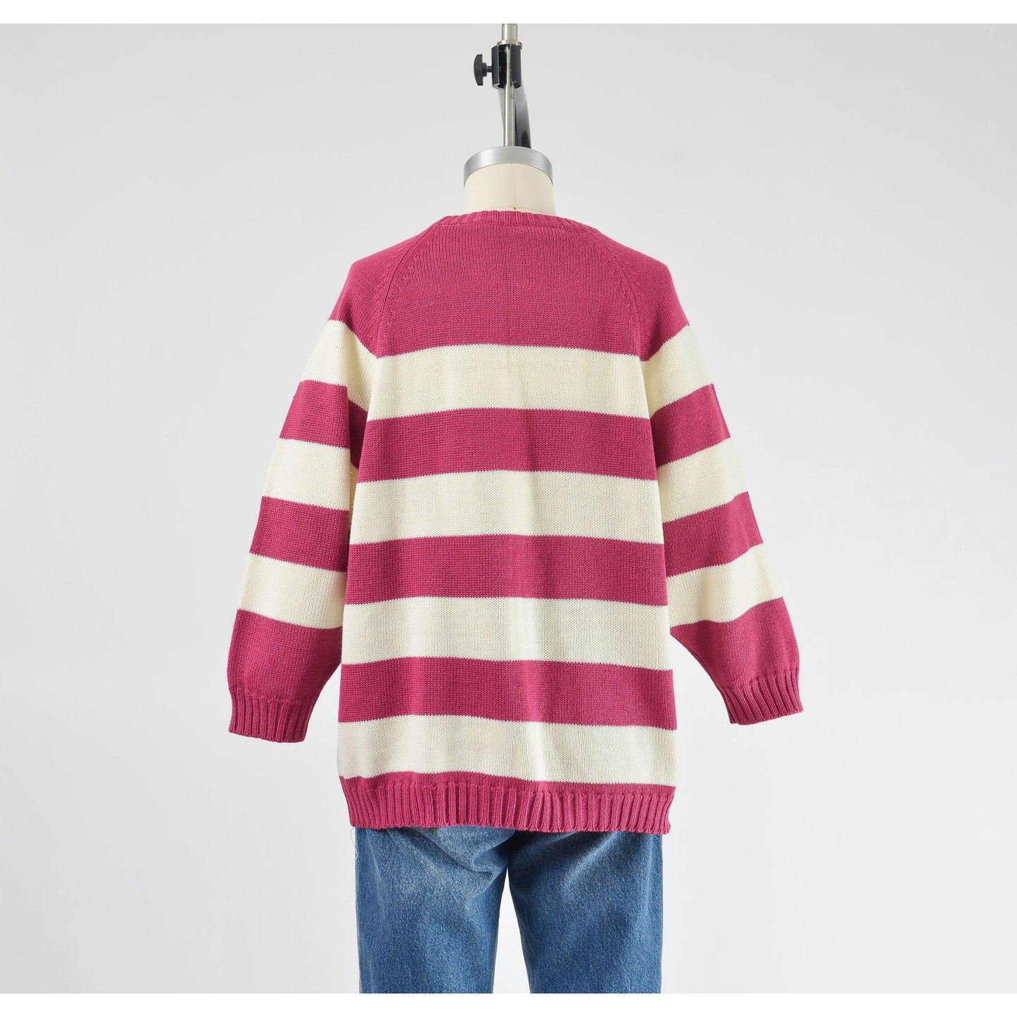 Vintage 80s purple and white striped raglan sweater with pocket.