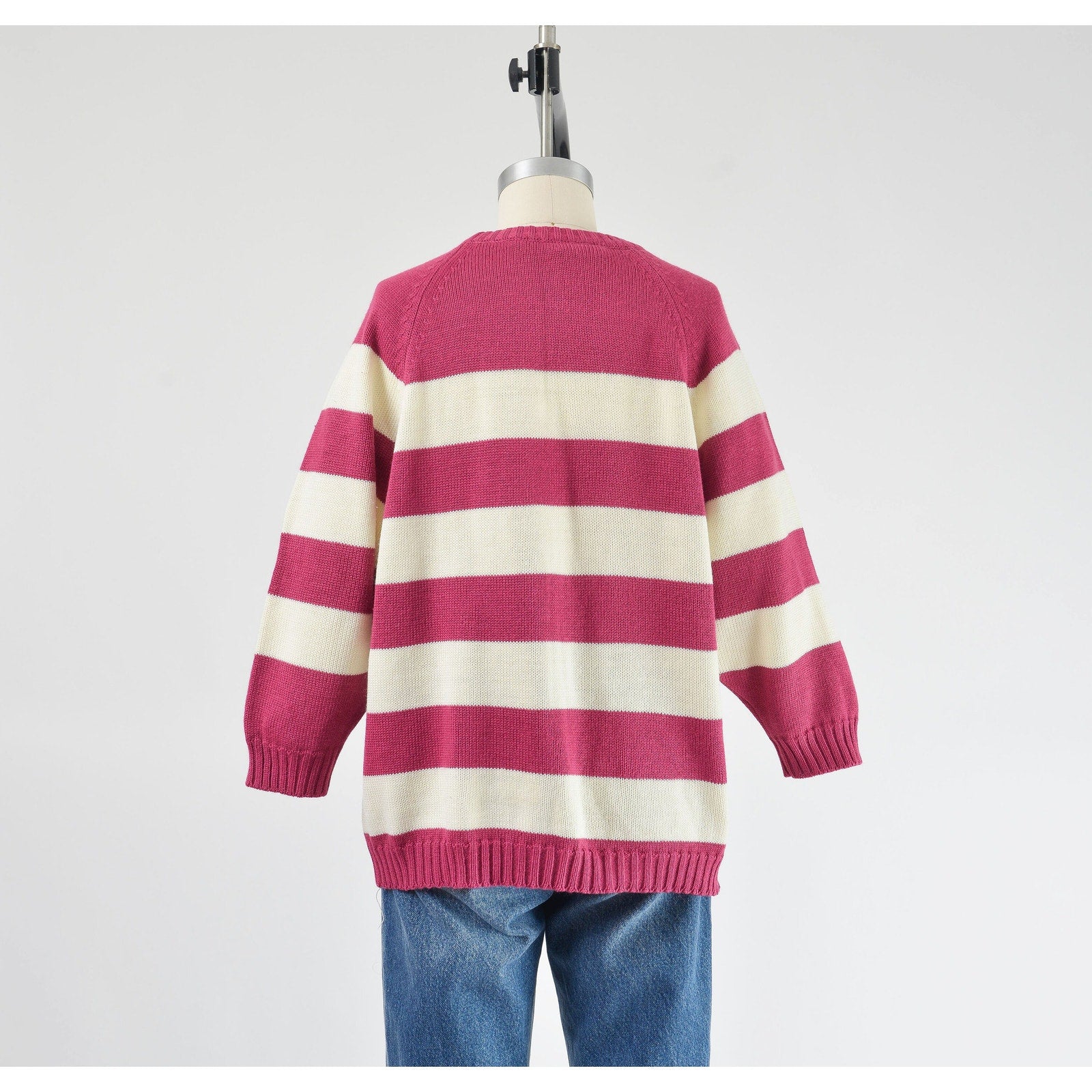 Vintage 80s purple and white striped raglan sweater with pocket.