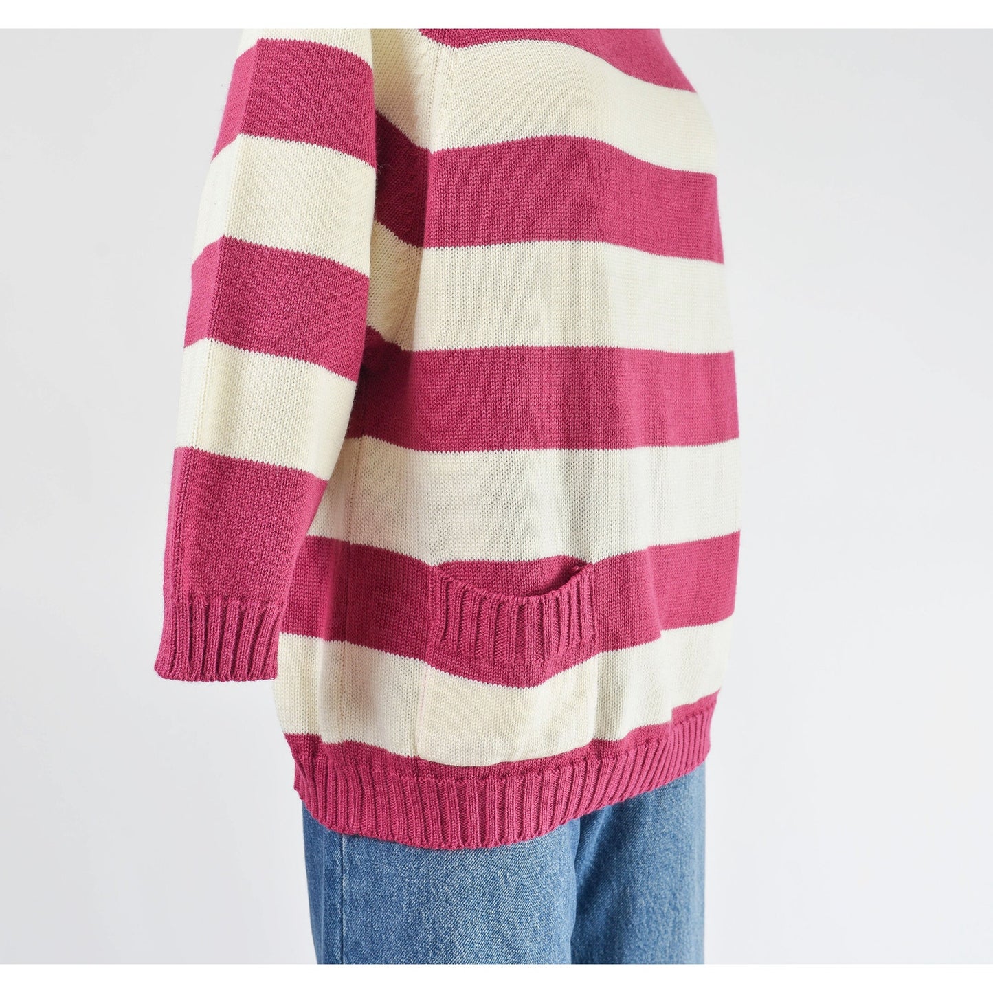 Vintage 80s purple and white striped raglan sweater with pocket.