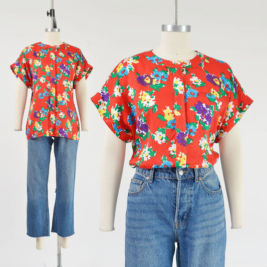 Vintage 1980s red silky floral short sleeve blouse top. 