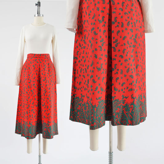 Vintage 1980s red and green paisley print cotton midi skirt. 