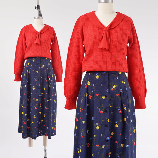 vintage 80s red lambswool knit shawl collar ascot neck sweater. 
