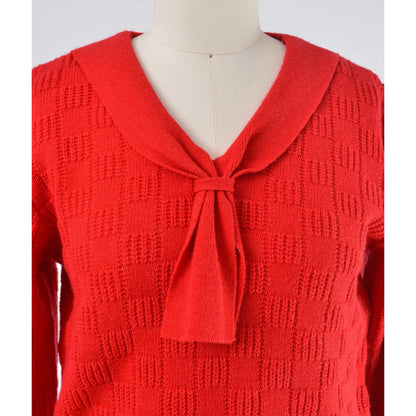 Neckline view of vintage 80s red lambswool knit shawl collar ascot neck sweater.  