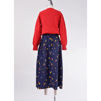 Full back view of vintage 80s red lambswool knit shawl collar ascot neck sweater. 