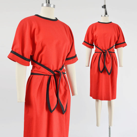 Vintage 80s red and black linen cotton blend sheath dress with tie waist.