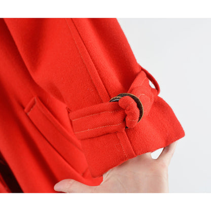Cuff view up close on vintage 80s red wool long full length winter coat. 