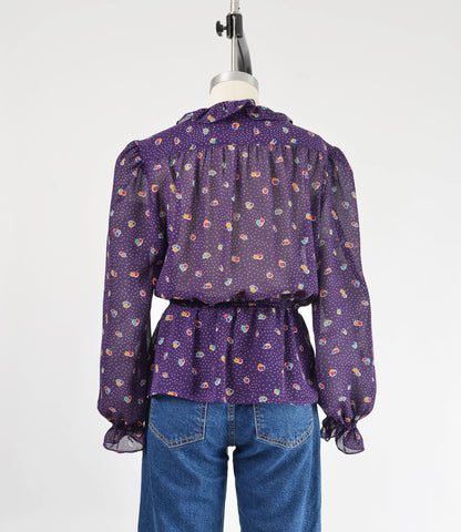 Vintage 80s sheer purple polka dot peplum waist tie neck blouse. 