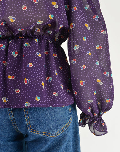Vintage 80s sheer purple polka dot peplum waist tie neck blouse. 
