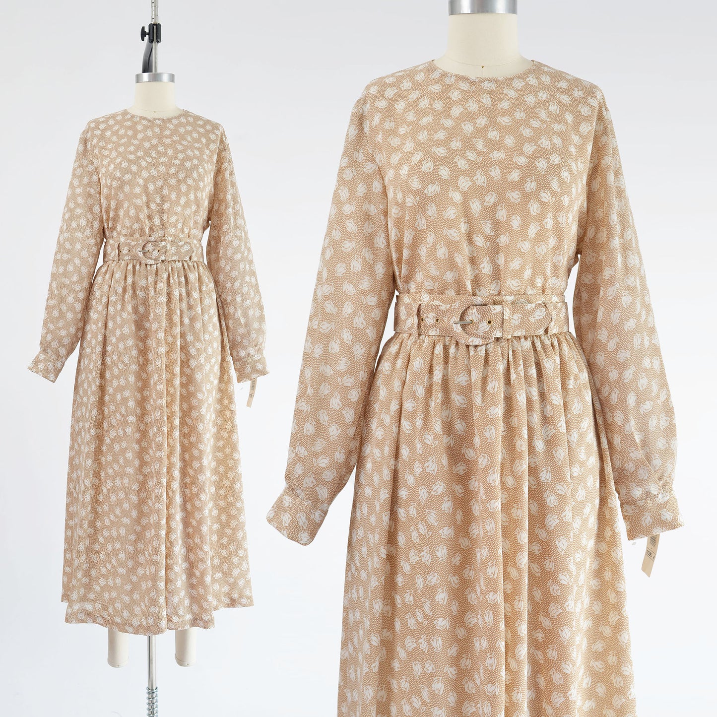 Vintage 90s tan and white floral two piece set. Full maxi skirt with belt.