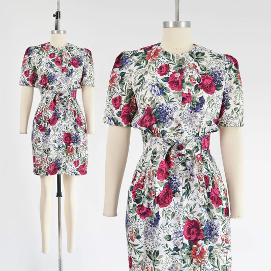 vintage 1980s white floral print puff sleeve cottagecore dress. 