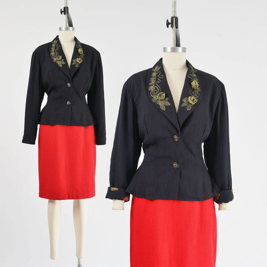Vintage 90s Carole Little Black Rosette Peplum Waist Jacket with Hearts