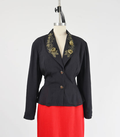 Vintage 90s Carole Little Black Rosette Peplum Waist Jacket with Hearts