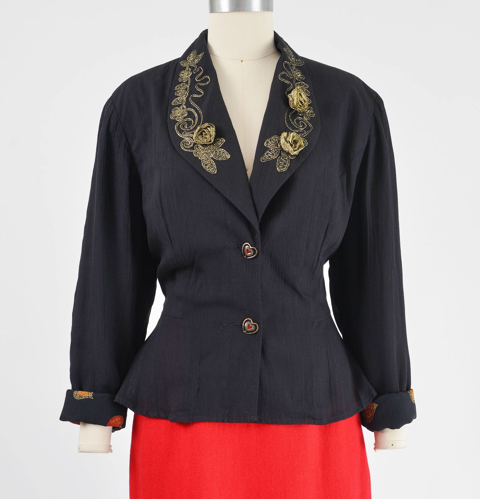Vintage 90s Carole Little Black Rosette Peplum Waist Jacket with Hearts