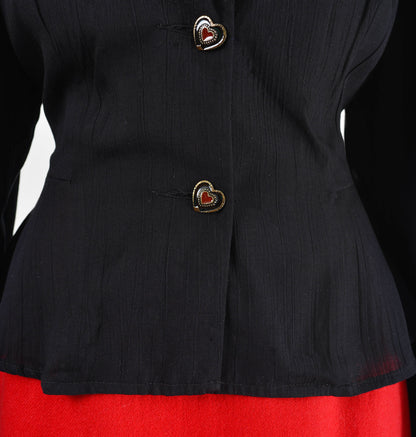 Vintage 90s Carole Little Black Rosette Peplum Waist Jacket with Hearts