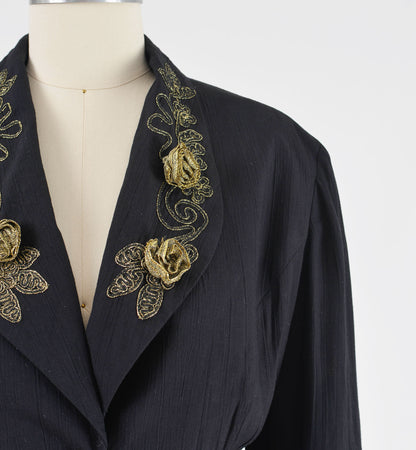 Vintage 90s Carole Little Black Rosette Peplum Waist Jacket with Hearts