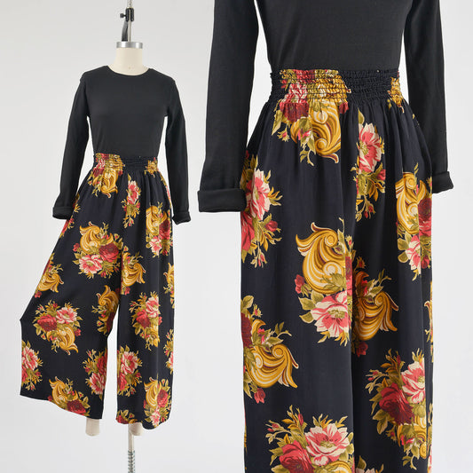 Vintage 1990s black floral wide leg palazzo pants. 