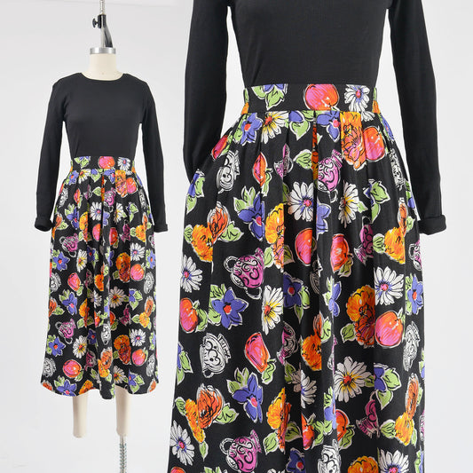 Vintage 1990s black floral flower pot print midi skirt. 