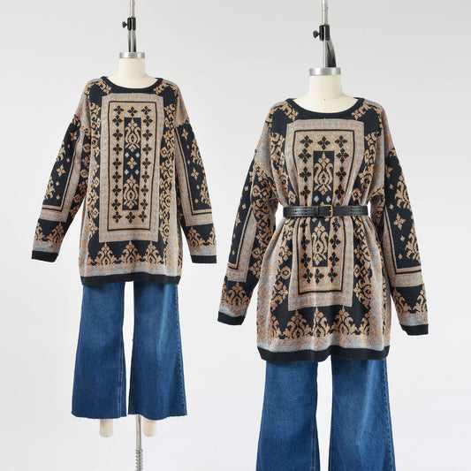 Vintage 90s black metallic baroque oversized pullover sweater. 