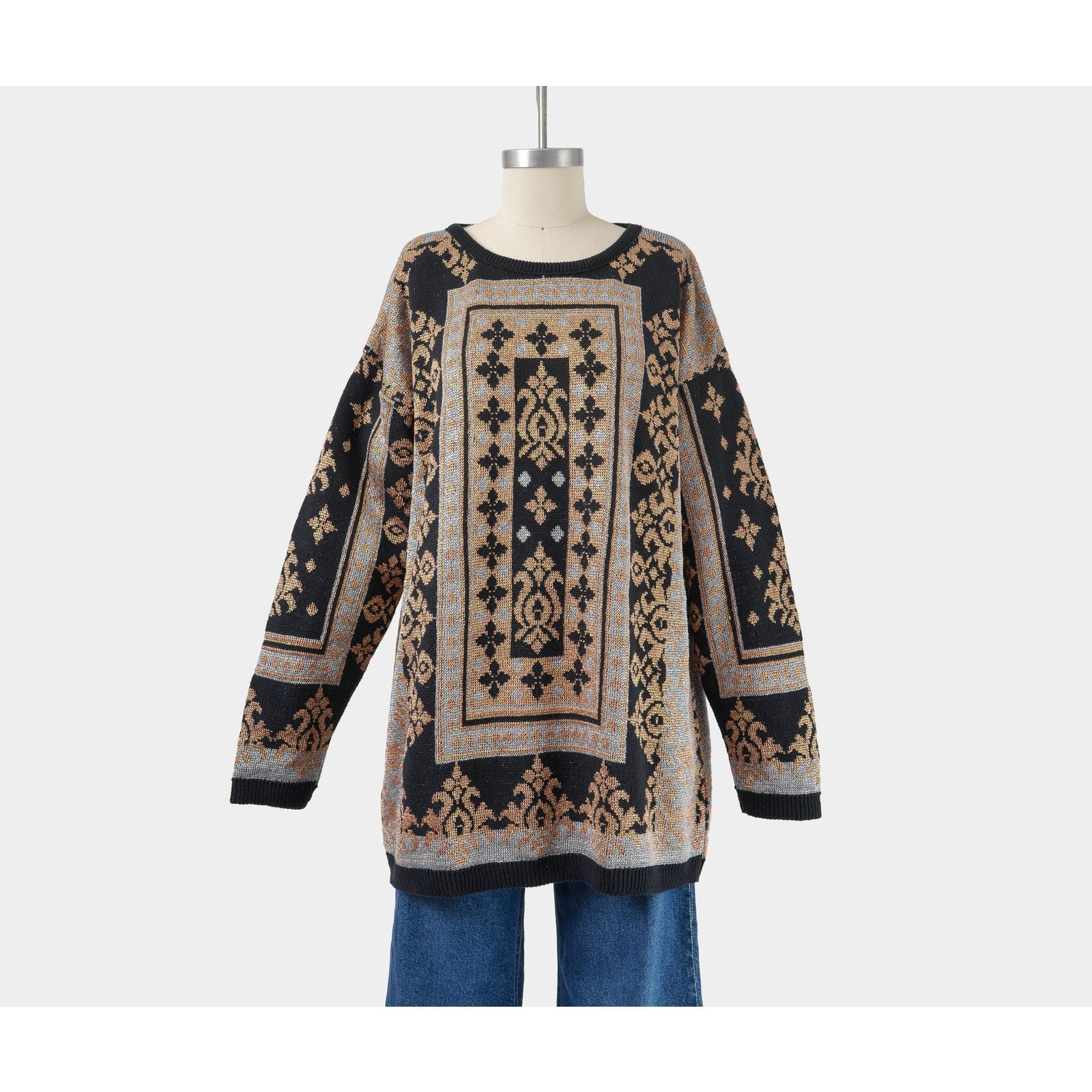 Vintage 90s black metallic baroque oversized pullover sweater. Front view.