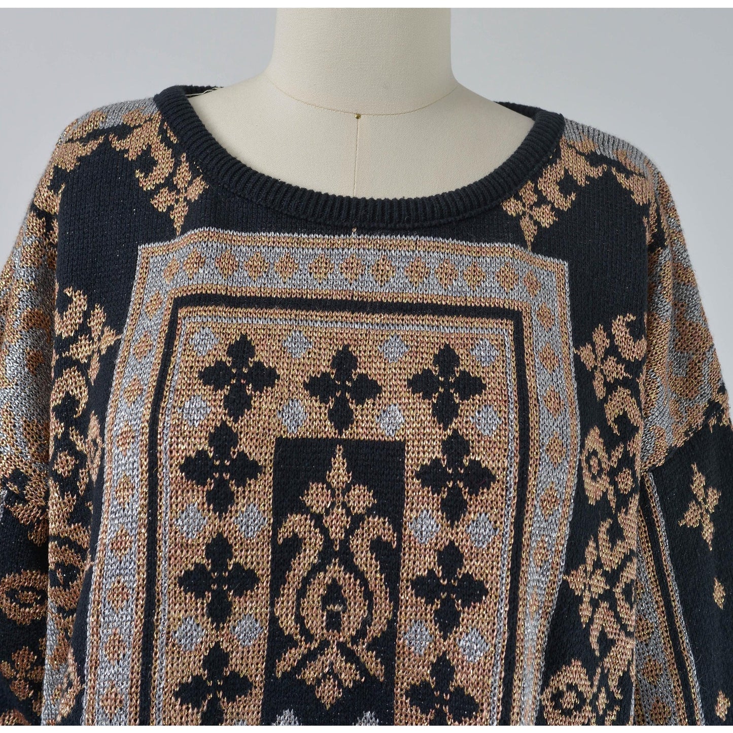 Vintage 90s Black Metallic Baroque Sweater Silver and Antique Gold