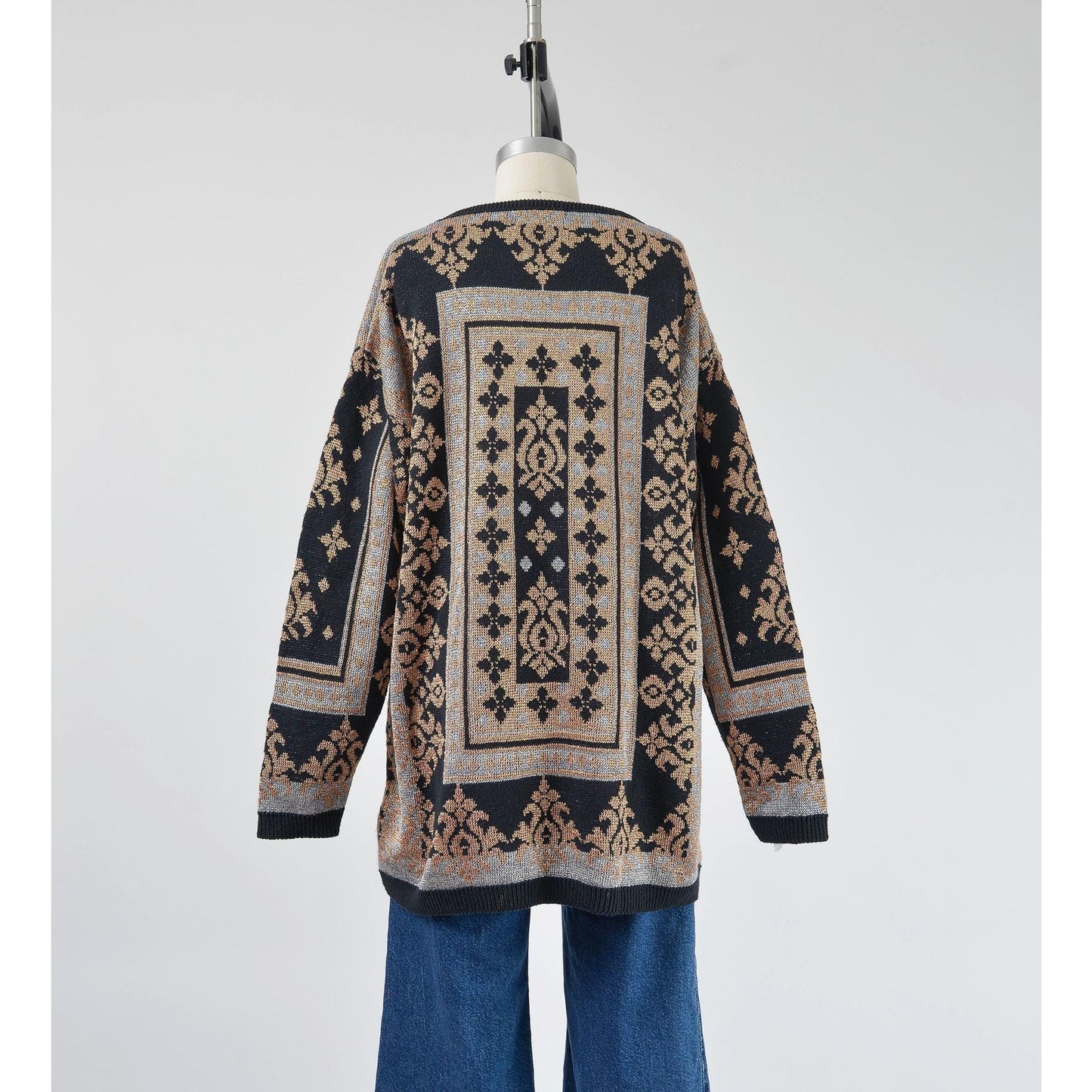 Vintage 90s black metallic baroque oversized pullover sweater. Back view.