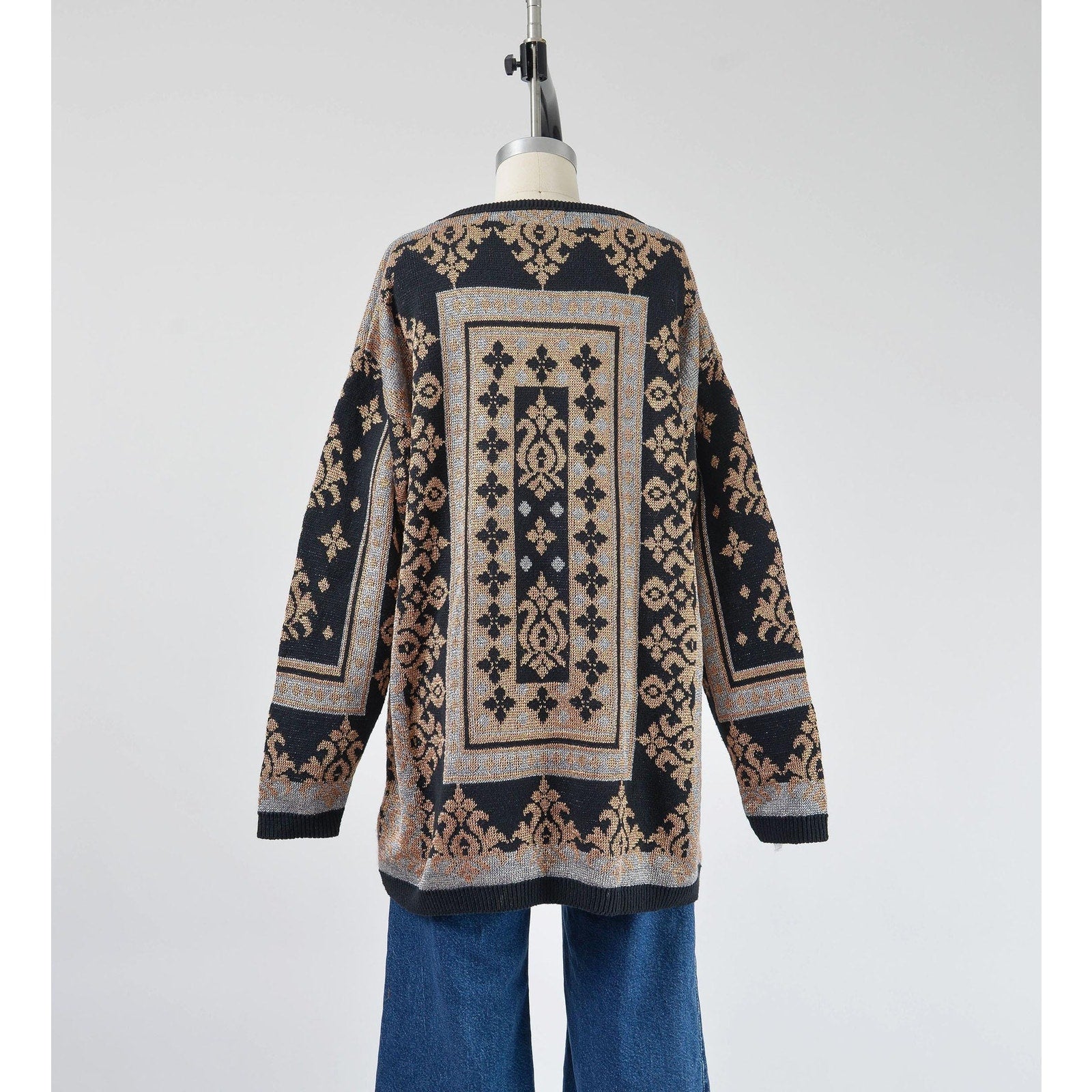 Vintage 90s black metallic baroque oversized pullover sweater. Back view.